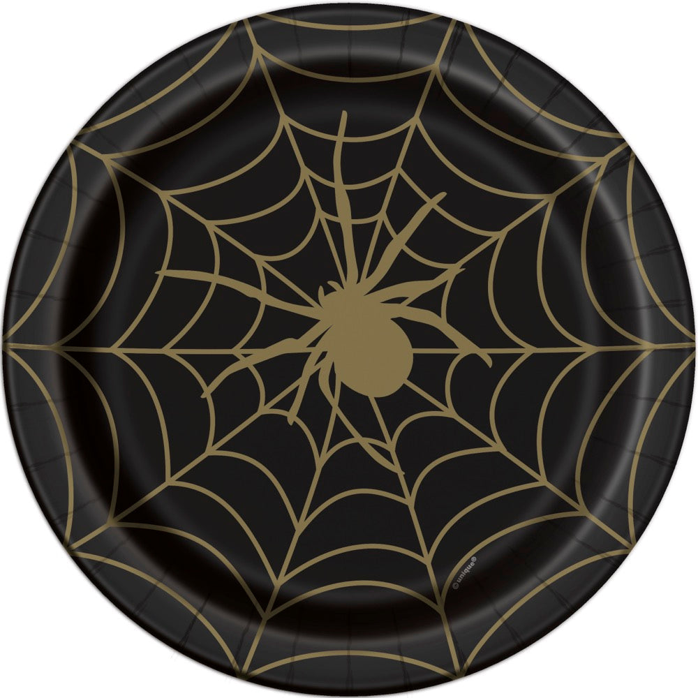 Black & Gold Spider Web Round 9in Dinner Plates 8ct