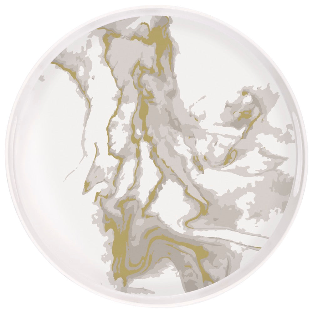 Gold Marbled Round Plastic Serving Tray with Handles