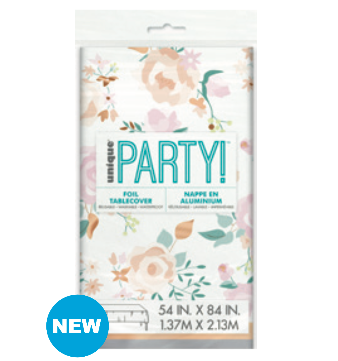 Pink Blooms Foil Tablecover 54in x 84in