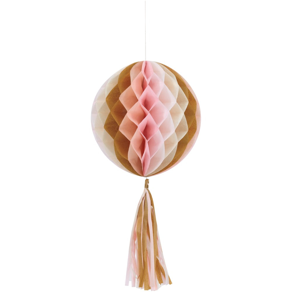 Pink Marble Honeycomb Tissue Hanging Decorations with Tissue Tassels 3ct
