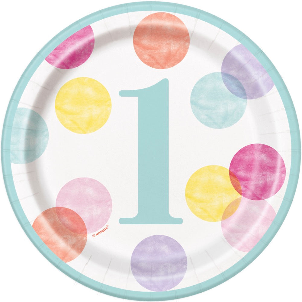 Pink Dots 1st Birthday Round 7in Dessert Plates 8ct