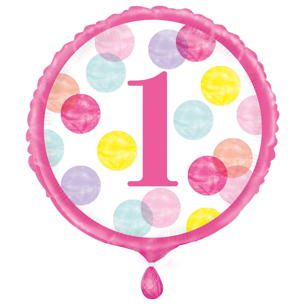 Pink Dots 1st Birthday 18in Mylar Balloon