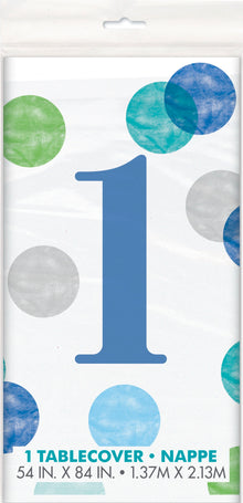 Blue Dots 1st Birthday Rectangular Plastic Table Cover 54in x 84in