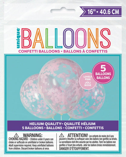 Clear Latex Balloons with Pink Heart Confetti 16in 5ct