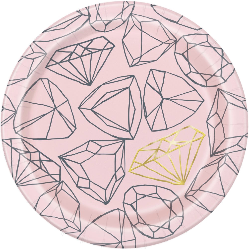 Pink Diamond Bachelorette Party Round 7in Dessert  Plates 8ct - Foil Stamping