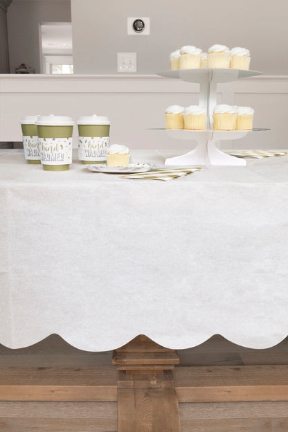 White Scalloped Paper Table Cover 54in x 108in
