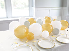 Silver White and Gold Balloon Garland Table Runner with Foil Confetti Cutouts