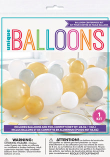 Silver White and Gold Balloon Garland Table Runner with Foil Confetti Cutouts