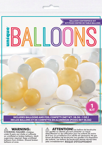 Silver White and Gold Balloon Garland Table Runner with Foil Confetti Cutouts