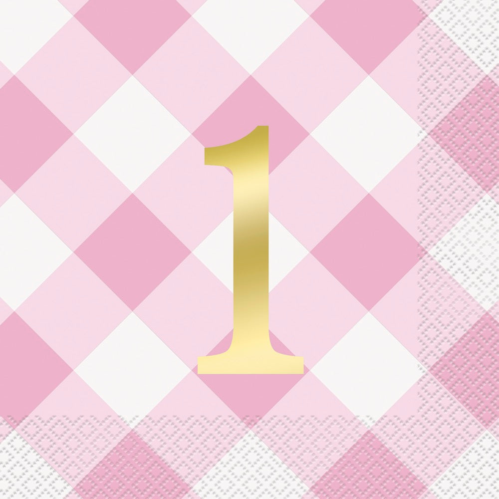Pink Gingham 1st Birthday Luncheon Napkins 16ct - Foil Stamping