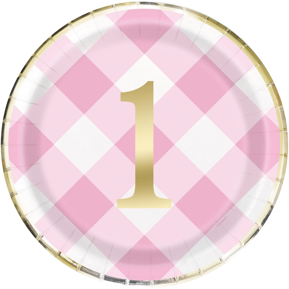Pink Gingham 1st Birthday Round 9in Dinner Plates 8ct - Foil Stamping