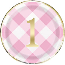 Pink Gingham 1st Birthday Round 9in Dinner Plates 8ct - Foil Stamping
