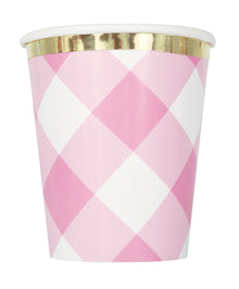 Pink Gingham 1st Birthday 9oz Paper Cups 8ct - Foil Board