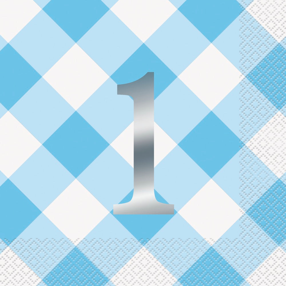 Blue Gingham 1st Birthday Luncheon Napkins 16ct - Foil Stamping