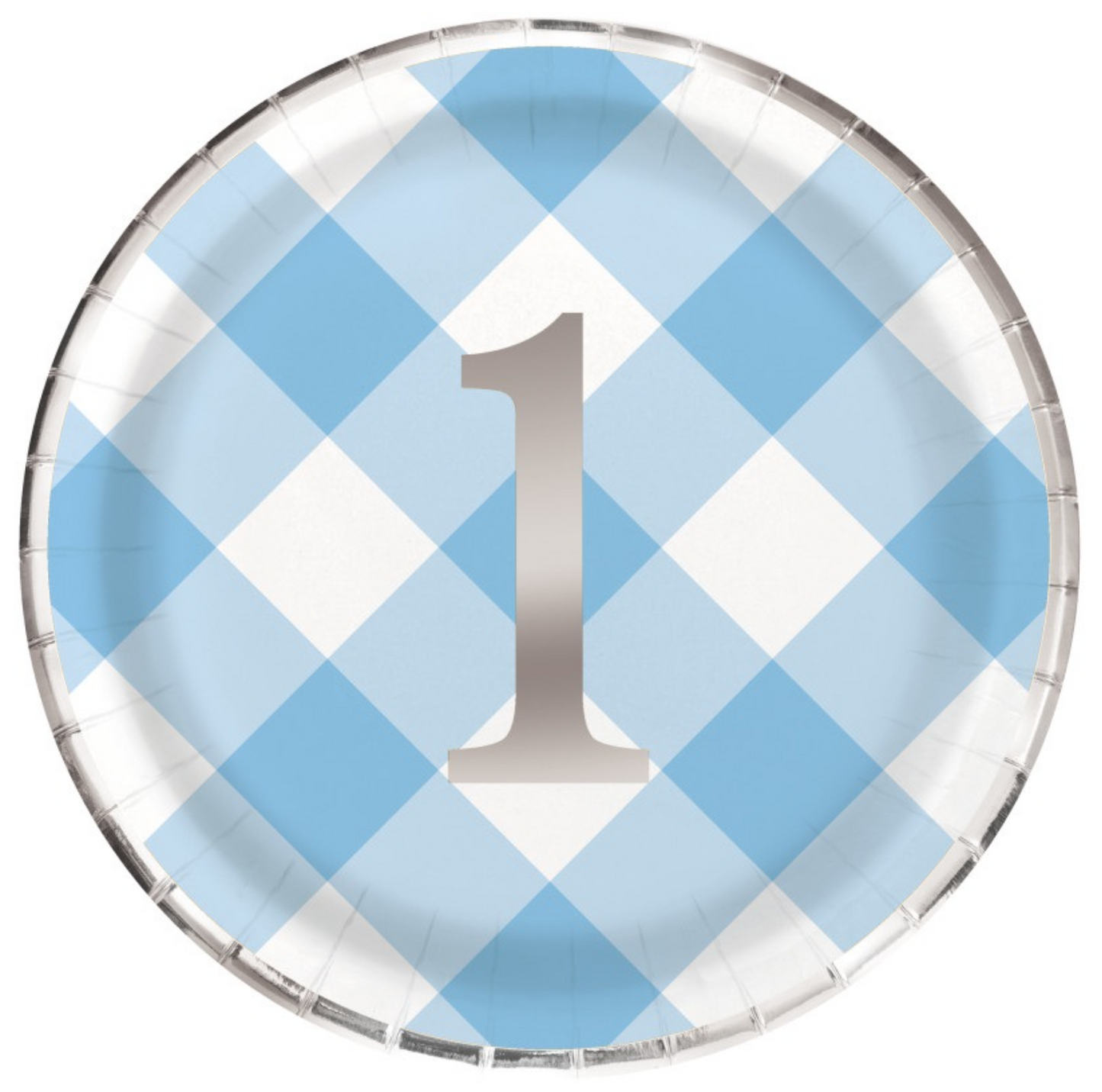 Blue Gingham 1st Birthday Round 9in Dinner Plates 8ct - Foil Stamping