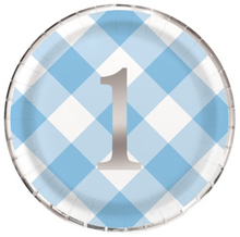 Blue Gingham 1st Birthday Round 9in Dinner Plates 8ct - Foil Stamping