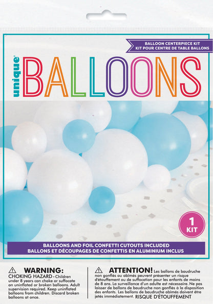 Blue White & Silver Balloon Garland Table Runner with Foil Confetti Cutouts