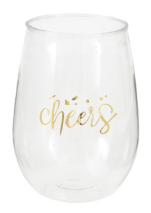 Gold Cheers 15oz Plastic Stemless Wine Glass