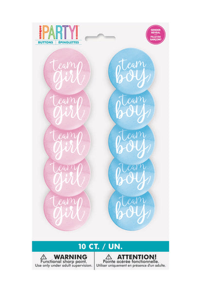 Team Boy or Team Girl Gender Reveal Buttons 10ct