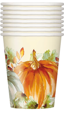 Watercolor Fall Pumpkins 9oz Paper Cups 8ct