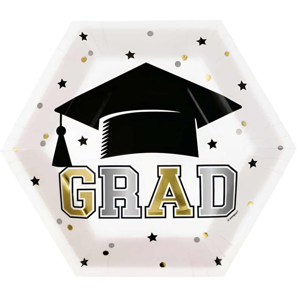 Starry Graduation Grad Hexagon Shaped 9.25in Plates 8ct - Foil Stamping