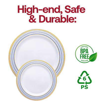 10.25" White Blue Gold Chord Rim Dinner Plates - 10 pcs