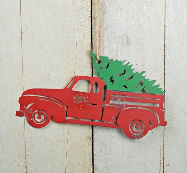 Metal Plaque-Red Truck w.Xmas Tree-
