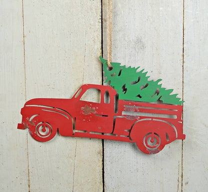 Metal Plaque-Red Truck w.Xmas Tree-