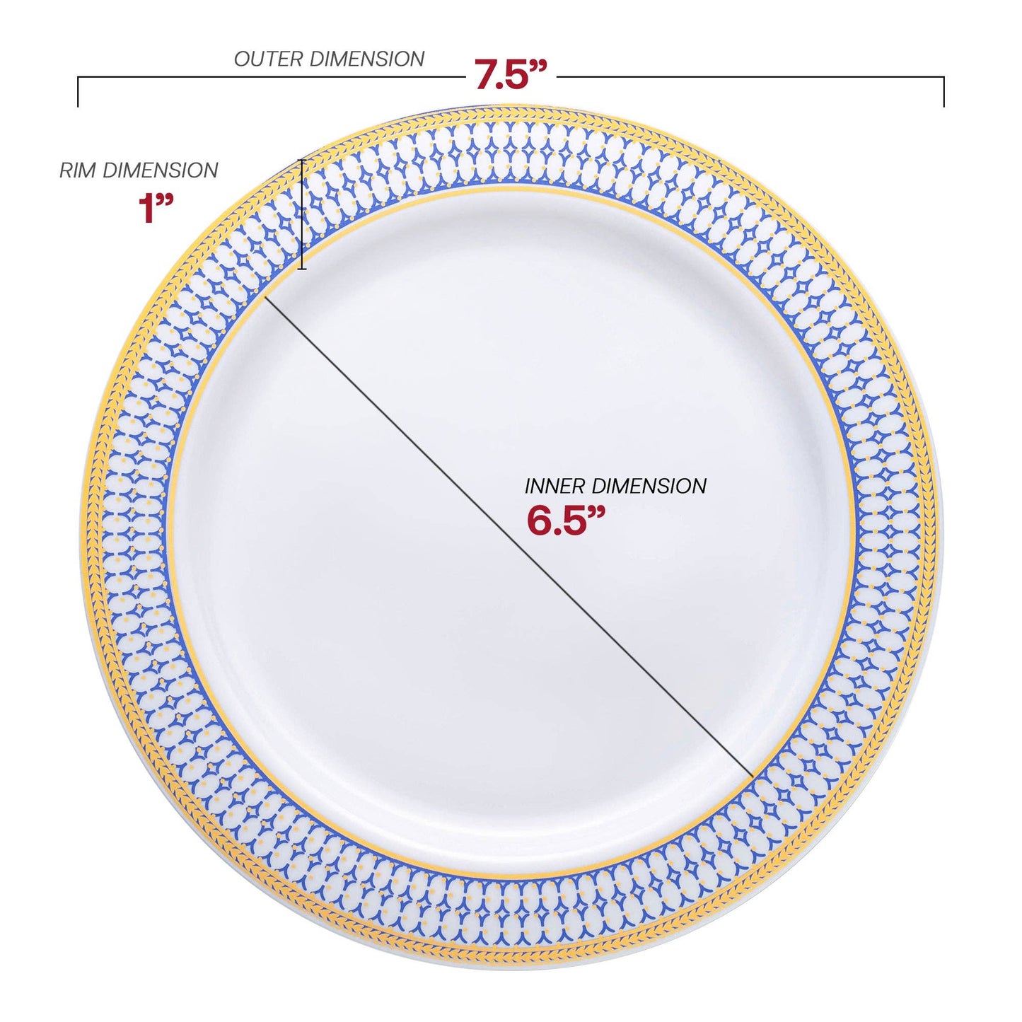 7.5" White w/ Blue & Gold Rim Plastic Salad Plates - 10 pcs