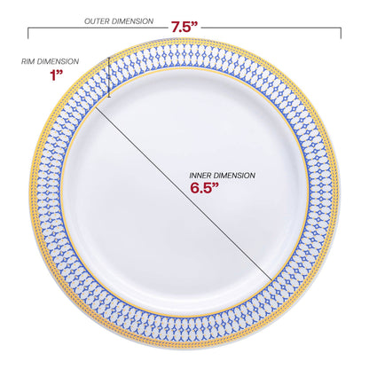 7.5" White w/ Blue & Gold Rim Plastic Salad Plates - 10 pcs