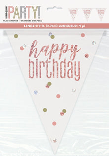 Glitz Rose Gold Prismatic Plastic Flag Banner 9ft - Happy Birthday