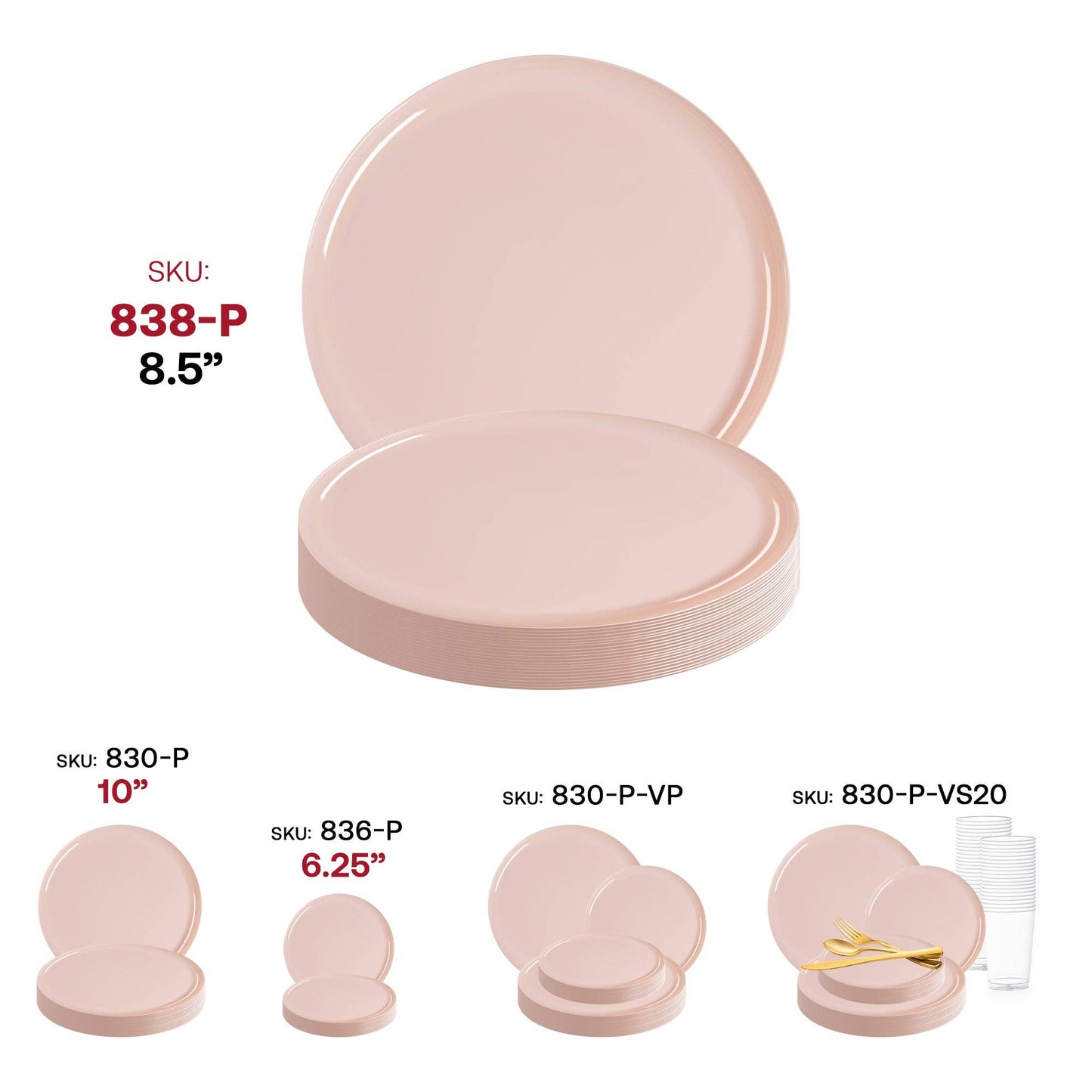 8.5" Pink Flat Round Plastic Appetizer/Salad Plates - 10 pcs