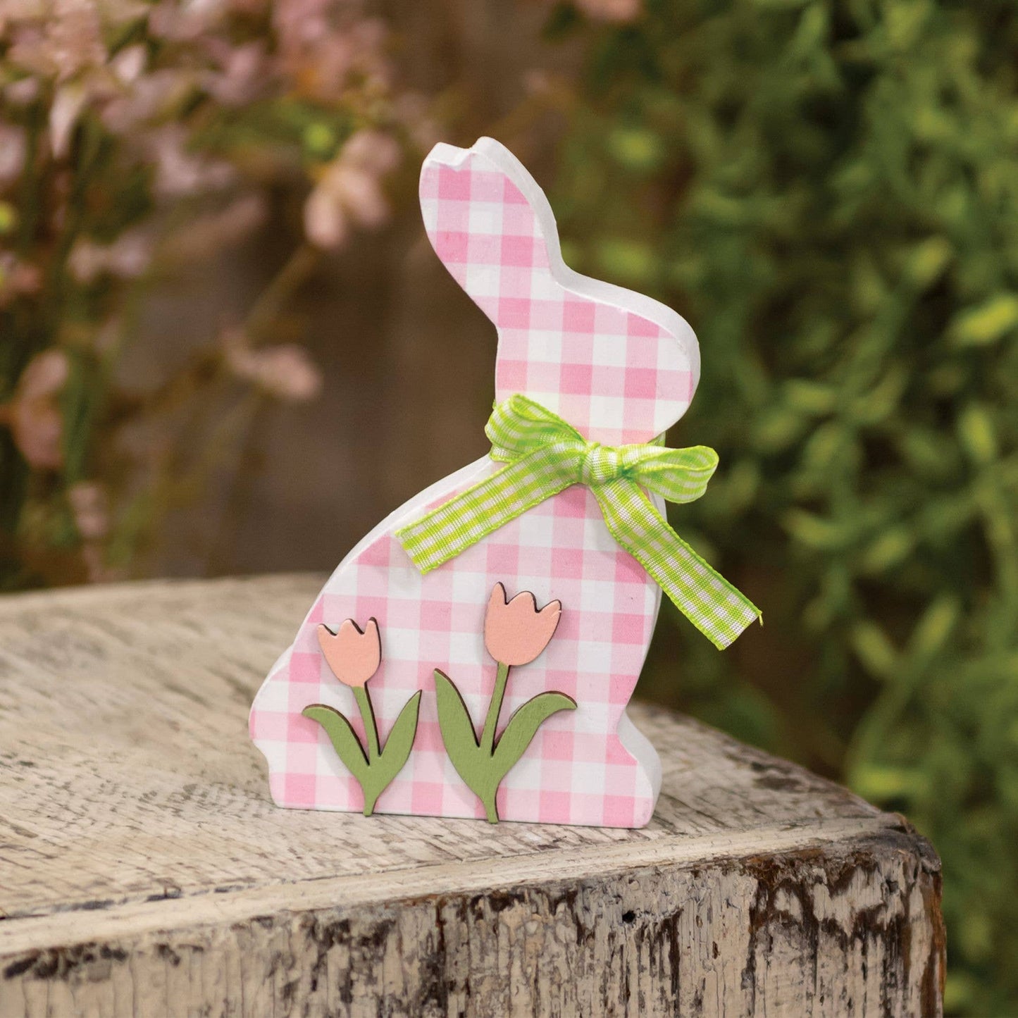 Pink & White Buffalo Check Bunny w/Tulips Sitter