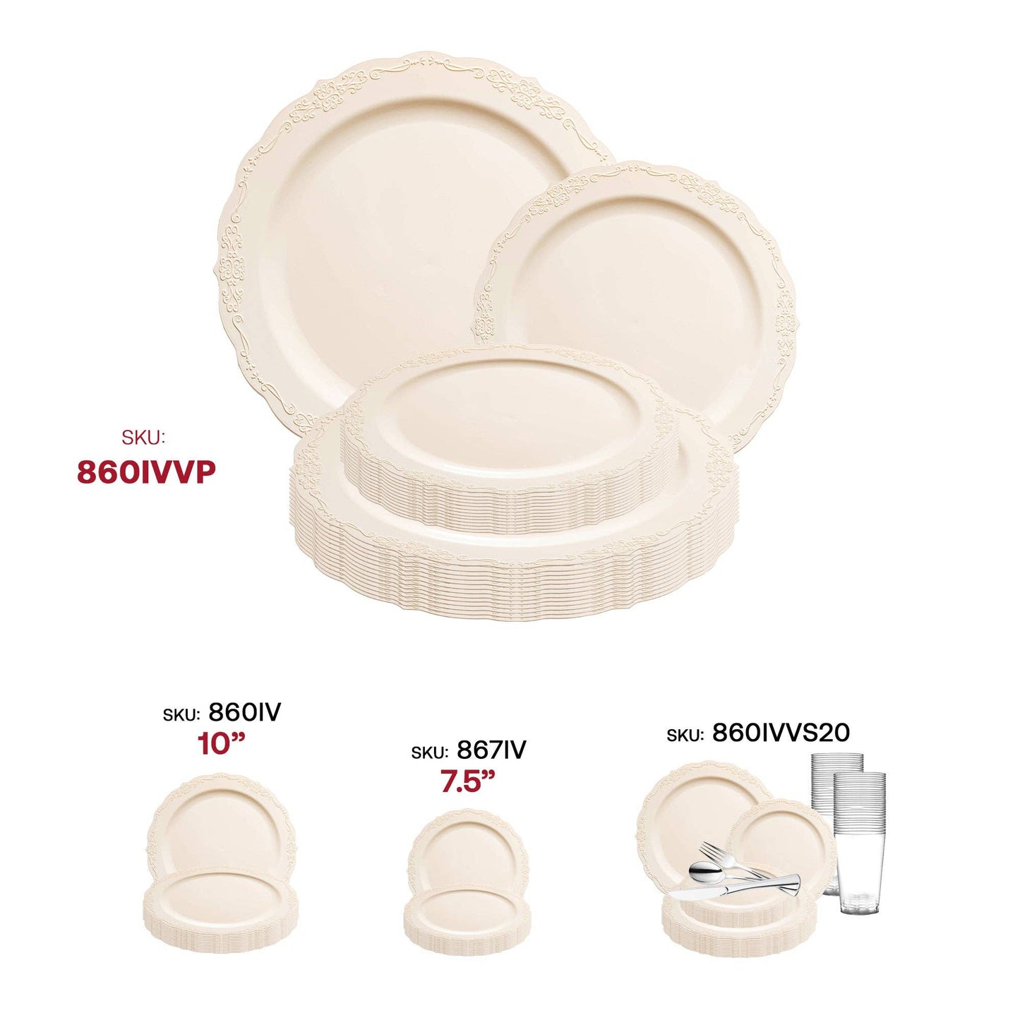 Ivory Vintage Round Plastic Dinnerware Value Set - 20 Sets