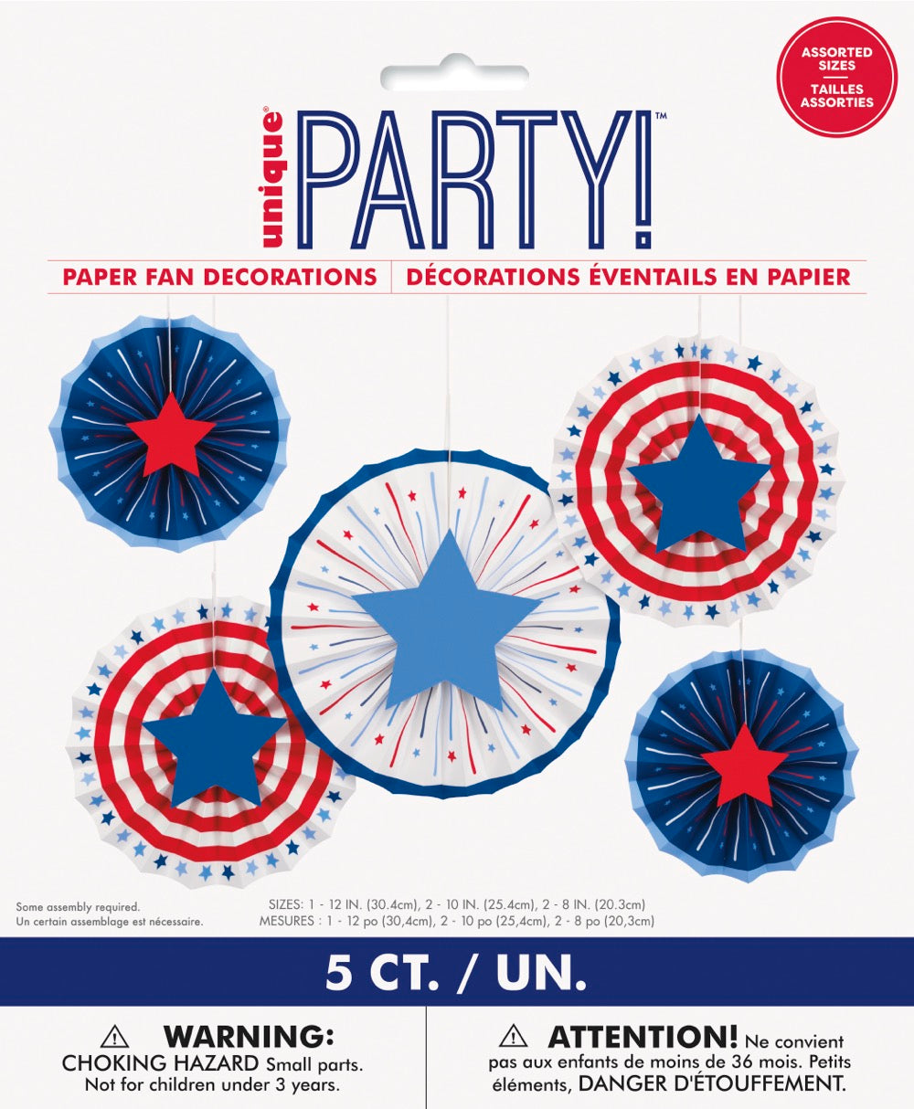 Red, White, & Blue Paper Fans With Stars 5ct
