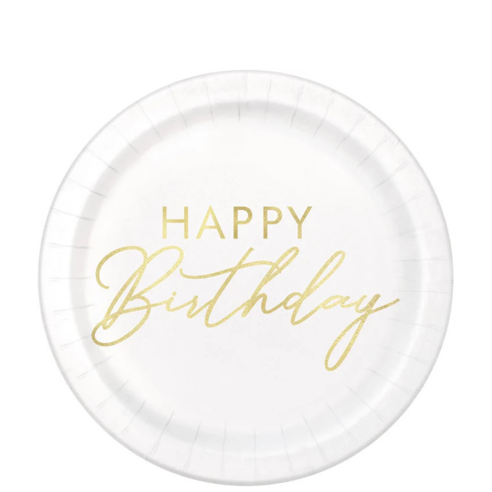 Gold Happy Birthday Foil 7in Dessert Plates 8ct