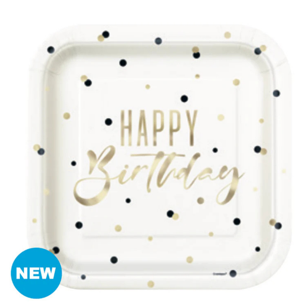 Gold Happy Birthday Square Foil 9in Dinner Plates 8ct