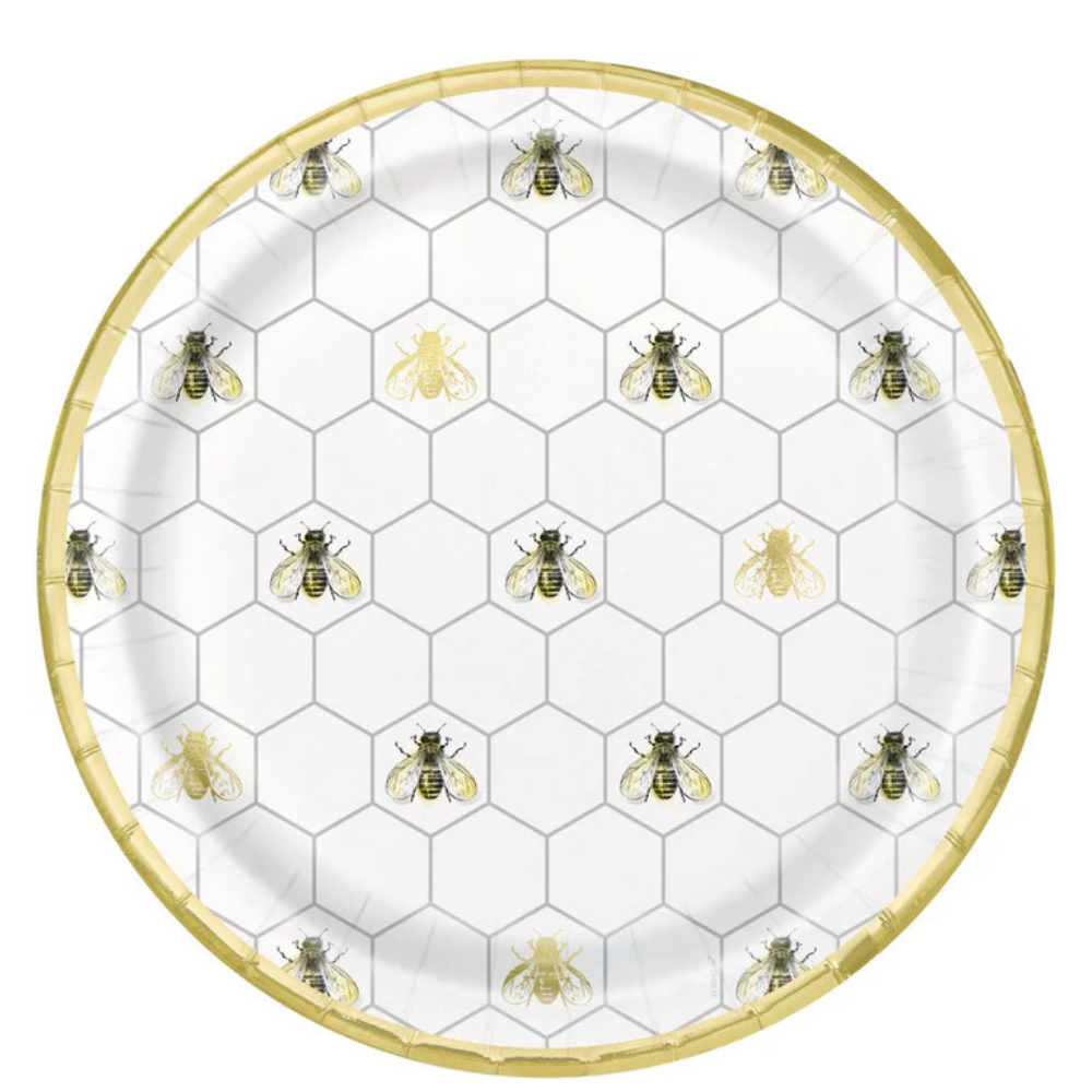 Golden Bumble Bee Round 9in Dinner Plates 8ct - Foil Stamping