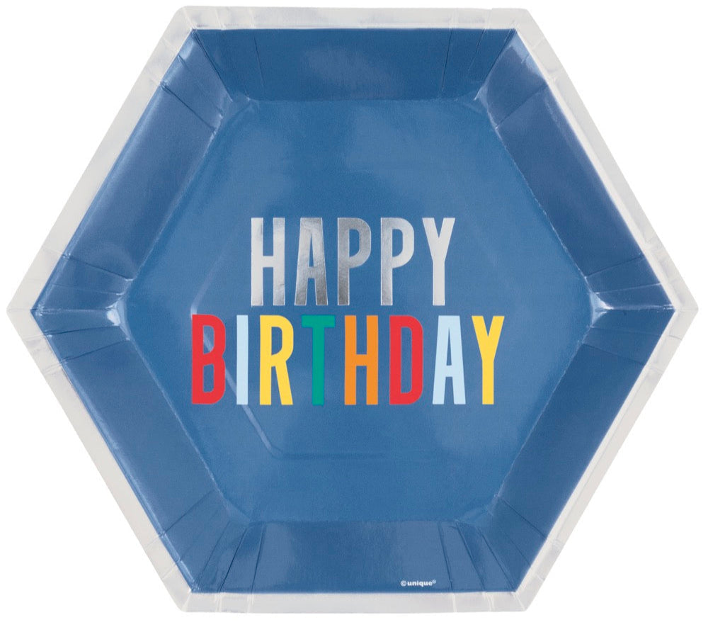 Happy Birthday Dots Foil Hexagon 9.25in Plates 8ct