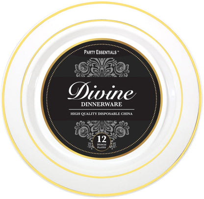 White Premium Plastic Plates & Bowls With Gold Rim 12ct