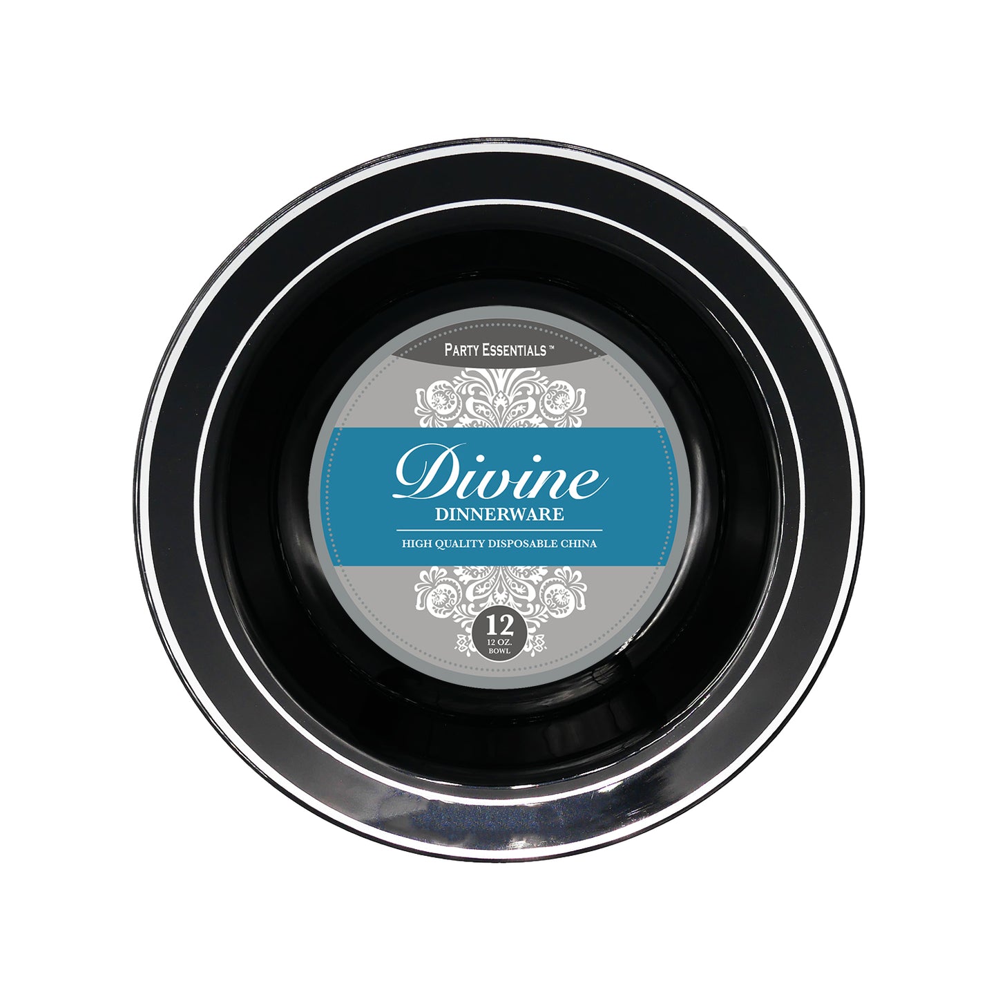 Black Plastic Plates Silver Rim 12ct