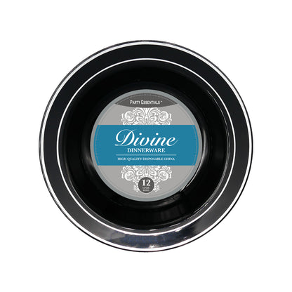 Black Plastic Plates Silver Rim 12ct