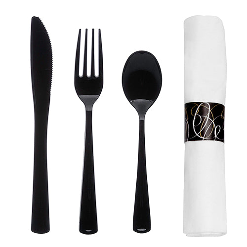Linen-Feel Napkin Rolls With Cutlery - Black 25 Ct.