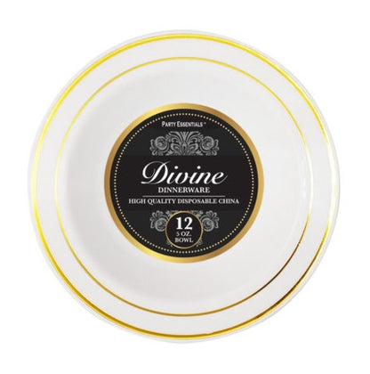 White Premium Plastic Plates & Bowls With Gold Rim 12ct