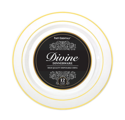 White Premium Plastic Plates & Bowls With Gold Rim 12ct