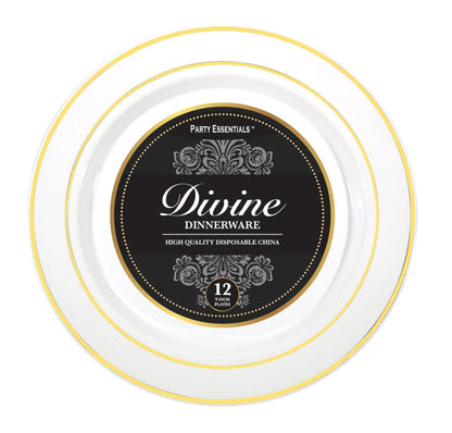 White Premium Plastic Plates & Bowls With Gold Rim 12ct