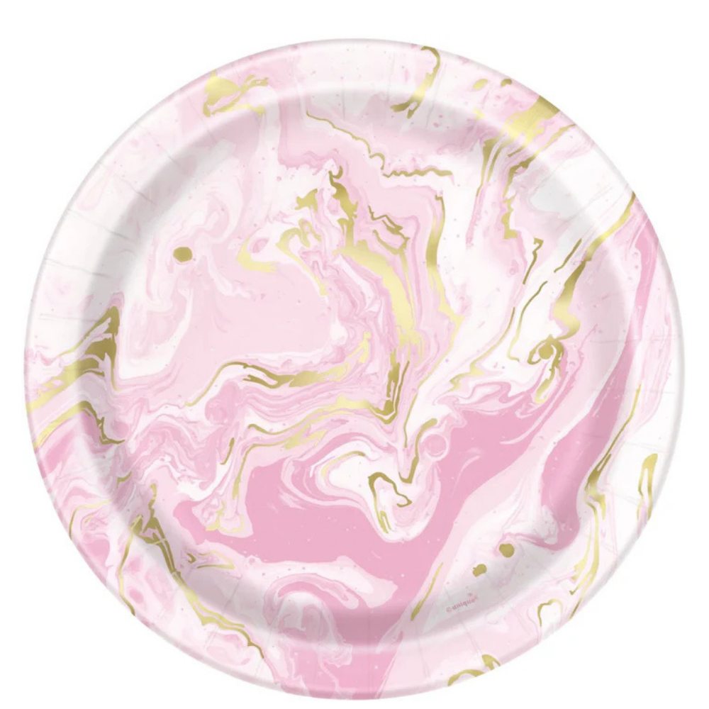 Pink Foil Marble Round 9 Dinner Plates 8ct