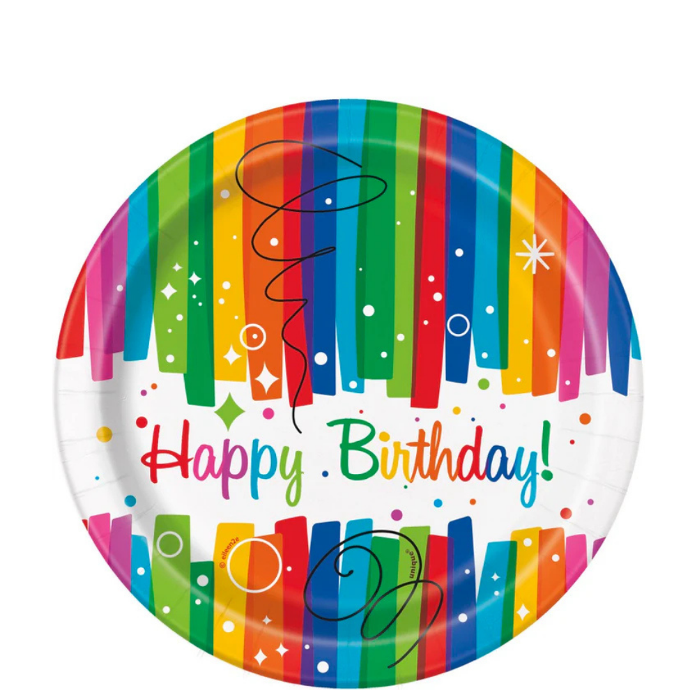 Rainbow Ribbons Birthday Round 7in Dessert Plates 8ct