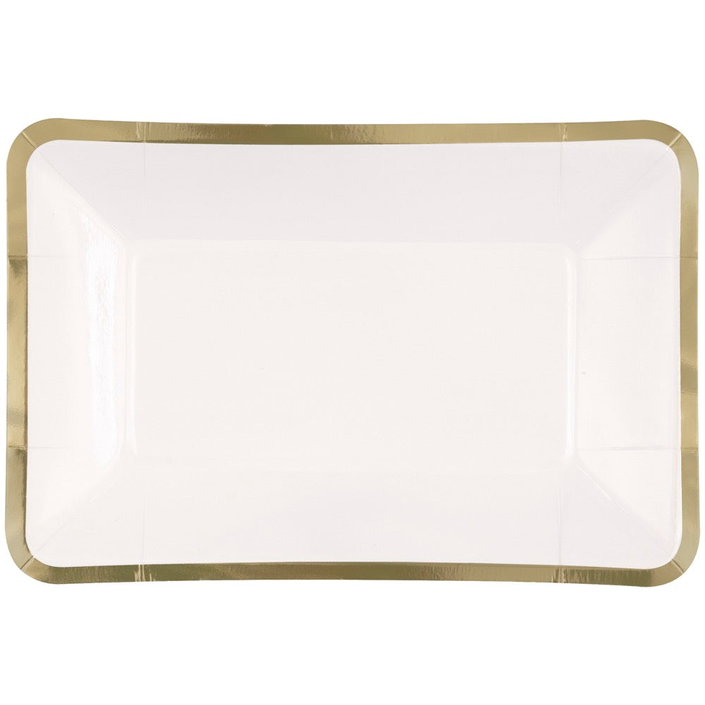 White Rectangular 9in x 6in Appetizer Plates 8ct - Gold Foil Border
