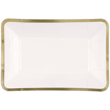 White Rectangular 9in x 6in Appetizer Plates 8ct - Gold Foil Border